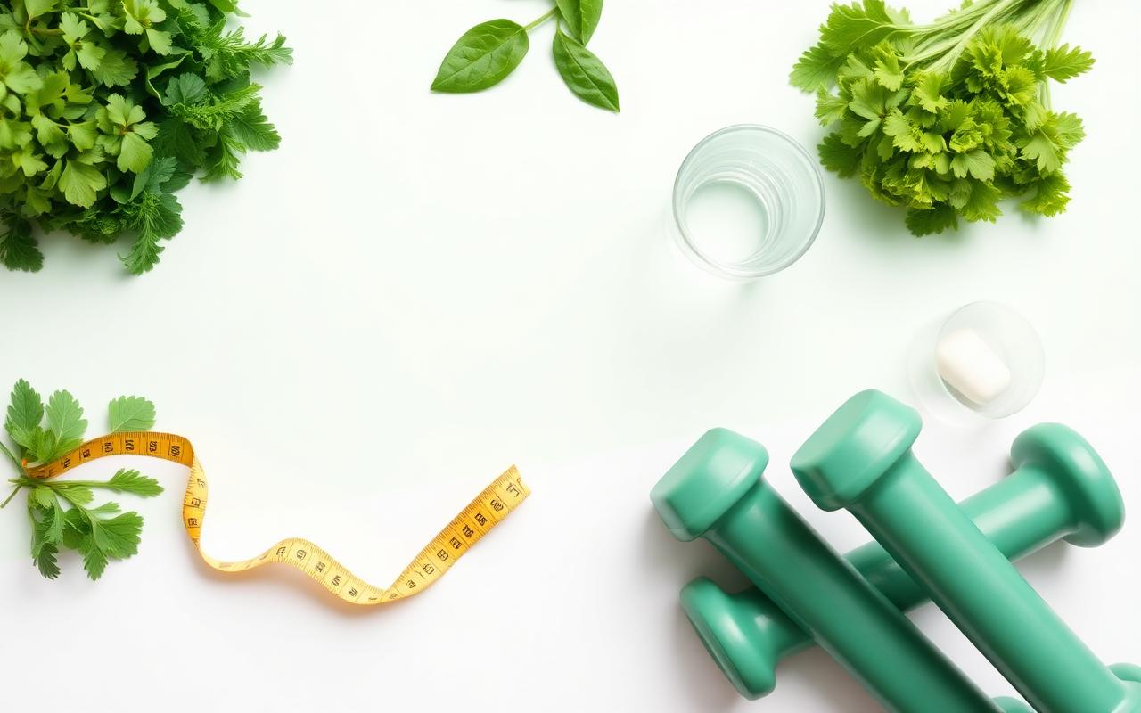 Healthy lifestyle flat lay with vegetables, water and dumbbells representing MedicGLP Diet